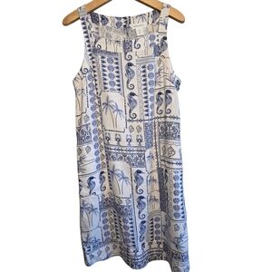 Cynthia Rowley Linen Blend Sea Life Printed Sleeveless Keyhole Mini Dress Sz L